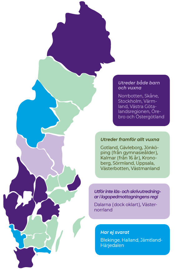 Karta som visar olika regioners förutsättningar/begränsningar att utreda läs- och skrivsvårigheter